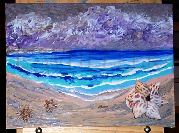 Stars On The Beach Acrylic And Seashell Painting by Laura Wheeler